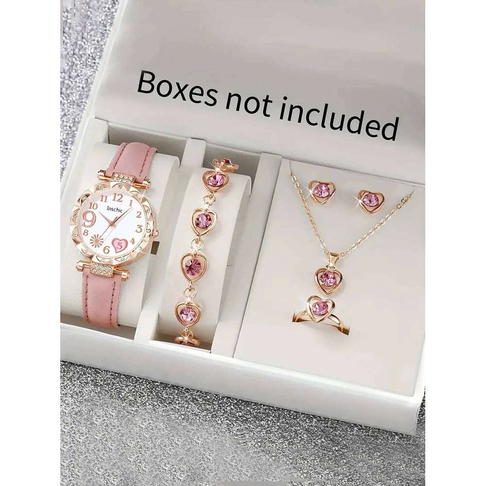Women's quartz watch and set of inlaid jewelry, gift with heart-shaped fireworks design, does not include the box Z260206