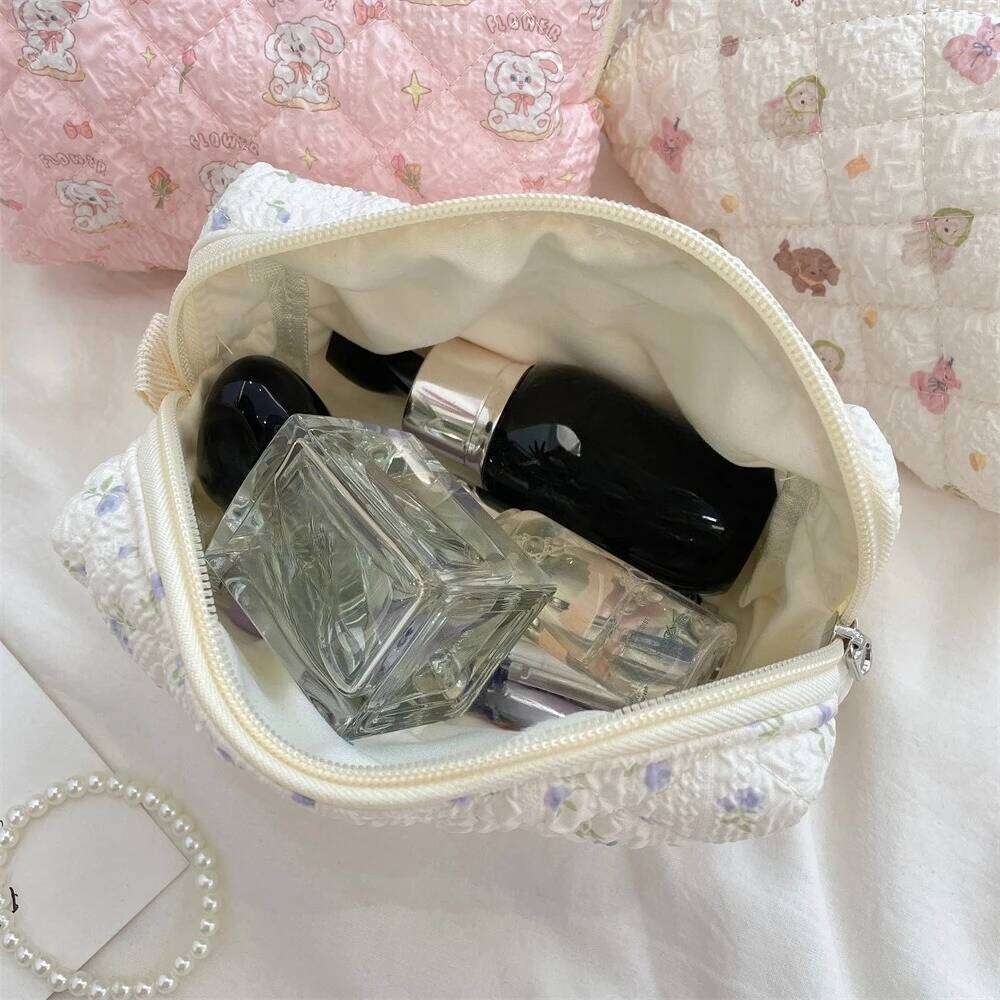Pink Flower Women Makeup Bag Travel Organizer Coins Handbag Pouch Girls Cute Cartoon Square Zipper Cosmetic Bags Y260206