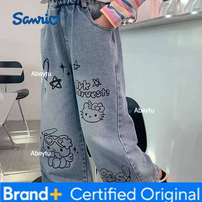 Sanrio Spring Autumn New Children's Jeans Girls Wide Leg Pants Hello Kittys Straight Trousers Kawaii Cartoon Leisure Fashion H260206