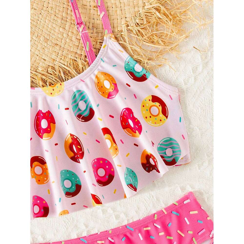 Donut Print Ruffle Deco Bikini Set Summer Beach Outdoor Cute 2-piece swimwear Contrast Adjustable Girls Kids Swimsuit XJ260206