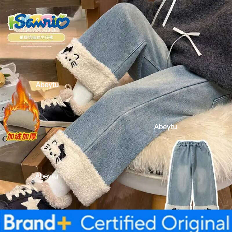 Sanrio Hot Y2K Girl Jeans Hello Kitty Kawaii Anime Autumn and Winter Student Keep Warm Long Pants Children's Clothing New Style H260206
