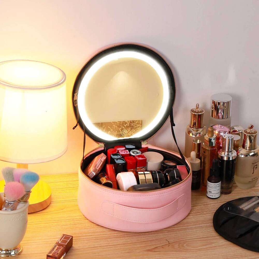 LED Illuminated Travel Makeup bag, USB Powered, Foldable Countertop Cosmetic Cases, PU Leather, with 3 Color Lighting Modes Y260206