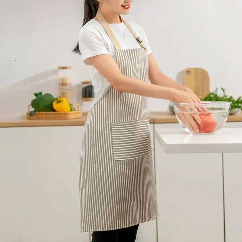Japanese Style Linen Striped Apron Adjustable Neck Hanging Sleeveless Elasticity for Kitchen Cooking Gardening Household Use S260205