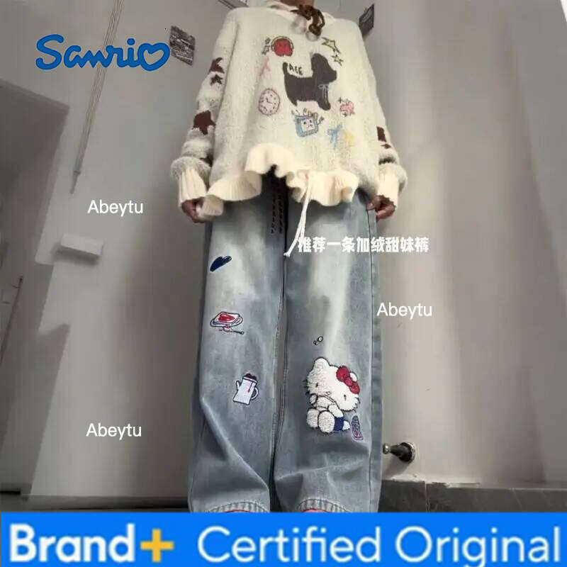 Sanrio Hello Kitty women's Embroidery Wide Leg Jeans Denim For Plus Size Retro Cartoon Style Slimming High Waist Trendy Fashion H260206