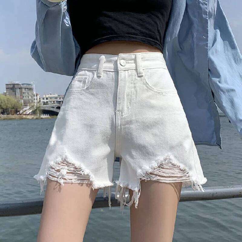 Hole Denim Women Summer Casual Streetwear Irregular Wide Leg Shorts Korean Fashion High Waist A Line Short Jeans Female H260206