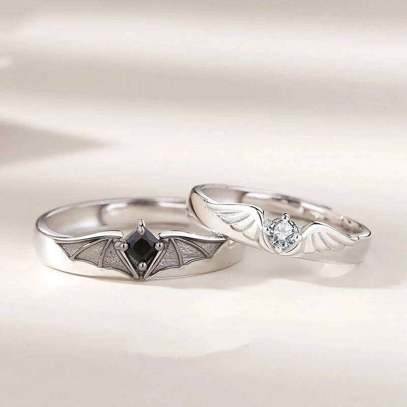Luxury Romantic Angel Demon Couple Rings for Women Men Fashion Zircon Wings Design Adjustable Engagement Wedding Ring Jewelry W260206