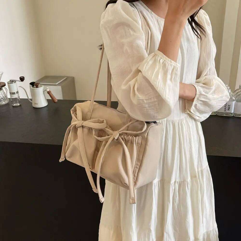 Leisure Bowknot Bow Nylon Tote Korean Style Large Capacity Underarm Canvas Handbag Pleated Shoulder Bag Unisex Y260205