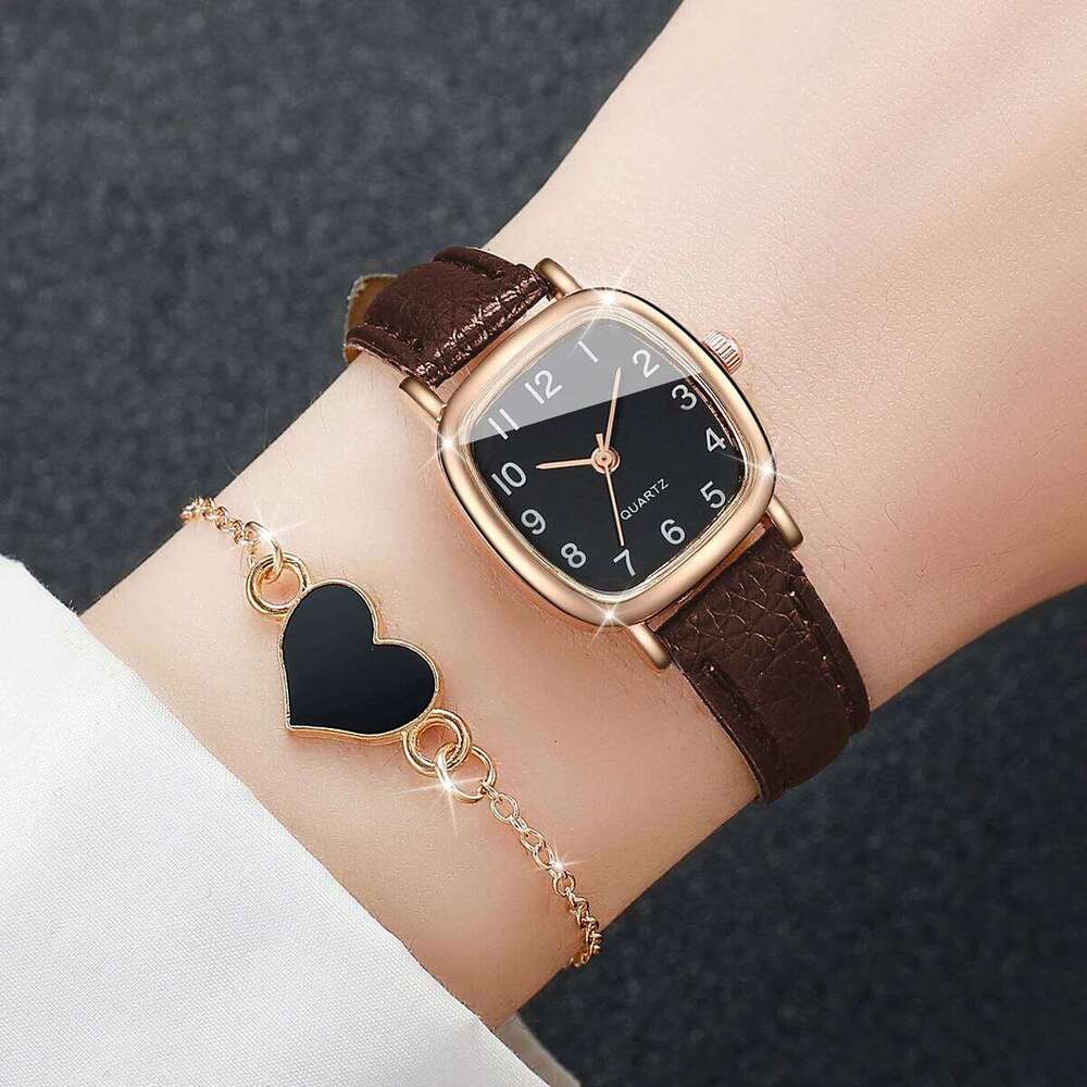 2PCS/Set Women's Watch Fashion Square Arabic Quartz Watches Leather Band Wristwatches Bracelet Set Z260206