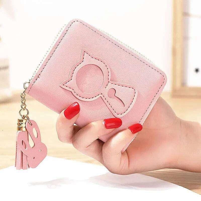 Korean Cute Cat Print Women Short Wallet Zipper Clutch Bag Coin Purse Credit Card Holder with Tassel Pendant Y260206