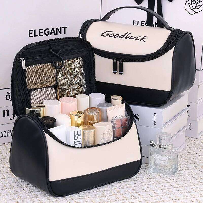 Women's PU Leather Hanging Makeup Bag Portable Travel Cosmetic Organizer Bathroom Toiletry Pouch with Handheld Design Y260206