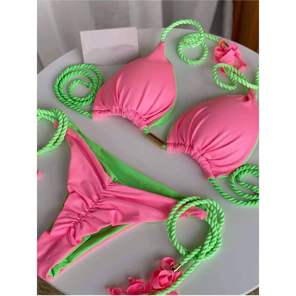 2025 Sexy Solid color Two-piece Triangle Swimwear Women Swimsuit Braiding rope Bikinis Set Beach Bathing Suit Brazilian Biquinis Z260206