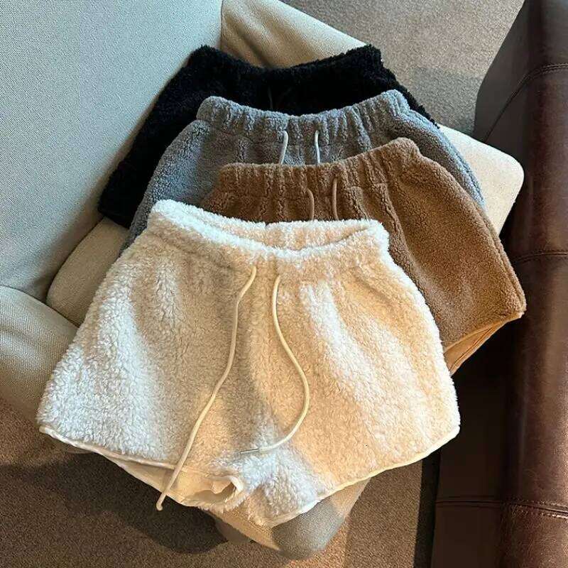 Elastic lamb wool wide leg shorts women's winter thickened warm plush high waist casual straight drawstring hot pants XJ260206