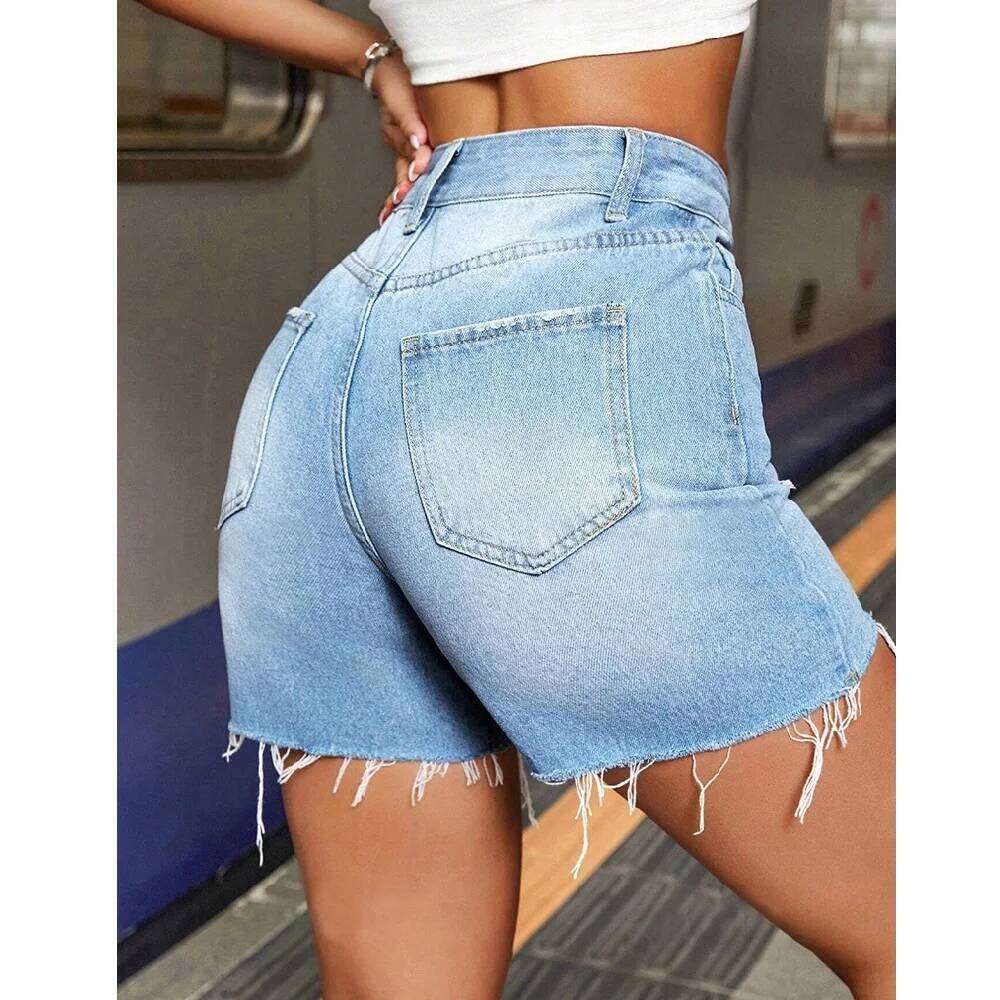 Women Summer Street Denim Shorts High Waist Ripped Hole Stretch Jean Short Pants XJ260206