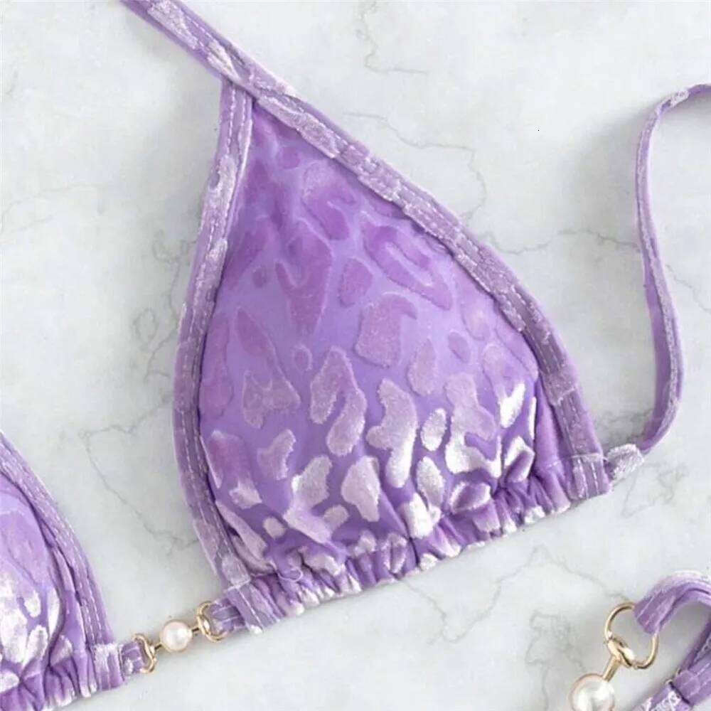 Purple Velvet Leopard Swimsuit Sexy String Halter Triangle Sets De Mujer Micro Thong Swimwear Women Bikinis Bathing Suit XJ260206