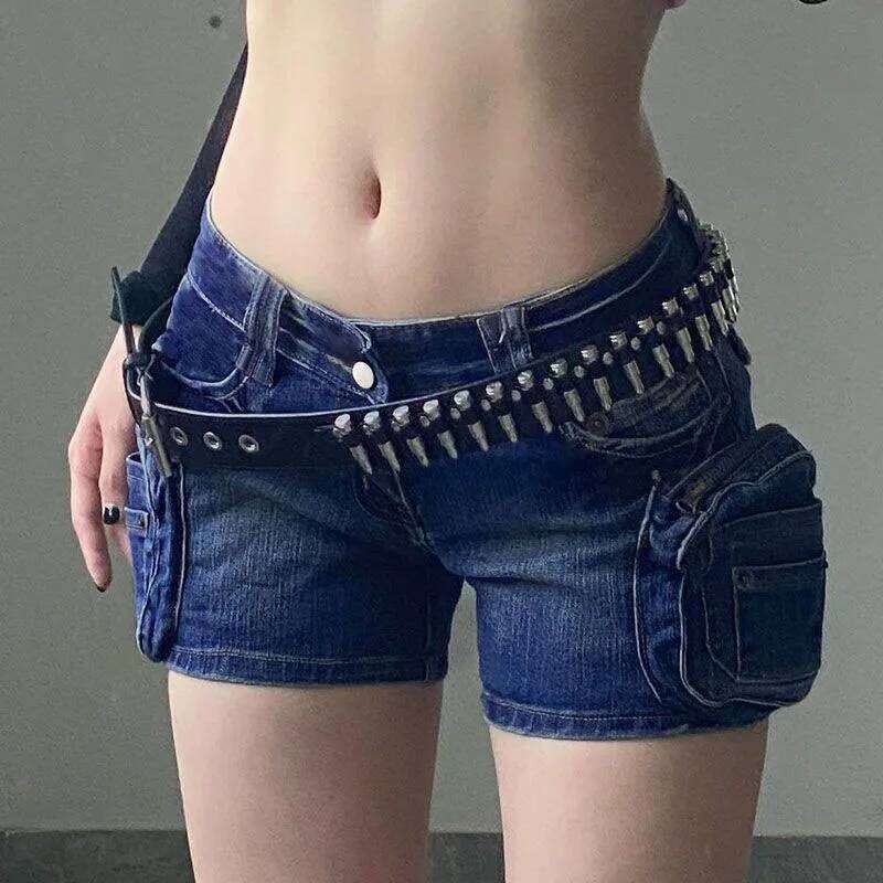 Motorcycle Style 3D Pockets Ultrashort Jeans Women Sexy Low-Waisted Tight Denim Woman Streetwear Trendy Y2K Jean Shorts XJ260206