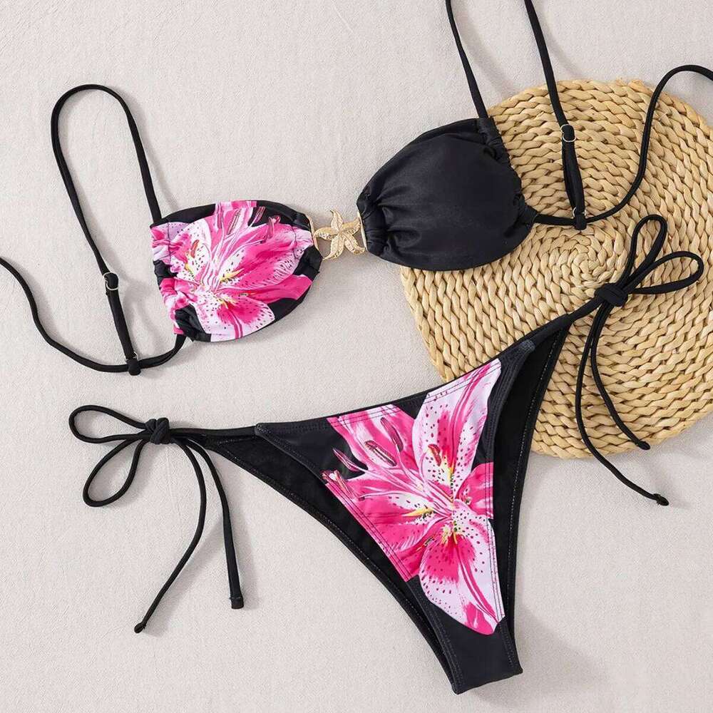 2025 Sexy Women's Bikini Set - Adjustable Tie Side Bandage Triangle Top & Low Rise Bottom with Starfish Metal Drawstring Summer Z260206