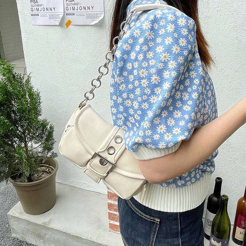 Retro Women's Chain Small Shoulder Solid Color PU Leather Ladies Underarm Bags Fashion Female Armpit Bag Tote Purse Handbags Y260205