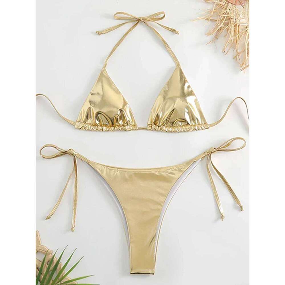 Sexy Metallic Halter Bikinis Sets Lace Up Triangle Tie Side Bikini 2024 Swimsuit Women Swimwear Brazilian Female Bathing Suits Z260206