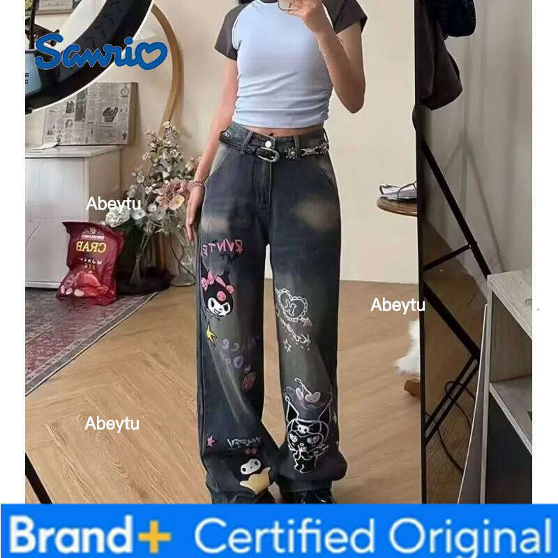 Sanrio s Kawaii Jeans Kuromi Student Trousers Versatile Loose Wide Leg Pants Sweet New Style Simple Trendy Print High End Gifts H260206