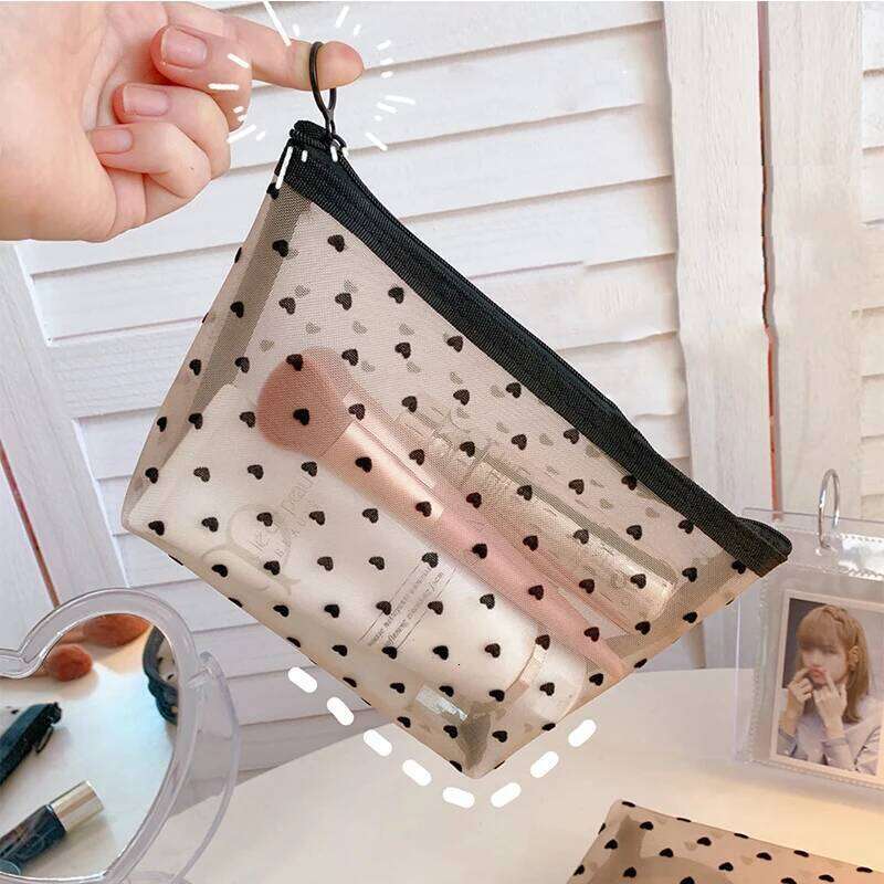 Women Travel Toiletry Wash Makeup Storage Case New Zipper Make Up Bags Fashion Black Dot Transparent Mesh Cosmetic Bag Y260206