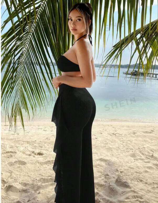 Bikini And Cover Up Set Plain Criss Cross Halter With Ruffle Pants Bandeau Swimsuit Women 2024 Black/White Swimwear Bathing Suit XJ260206