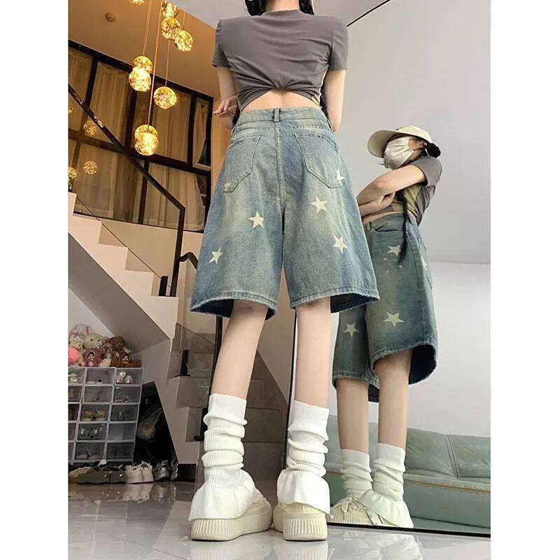American Style Vintage Women's Short Jeans High Waisted Washed Wide Leg Denim Pants Woman Fashion Do Old Star Knee Length Shorts XJ260206