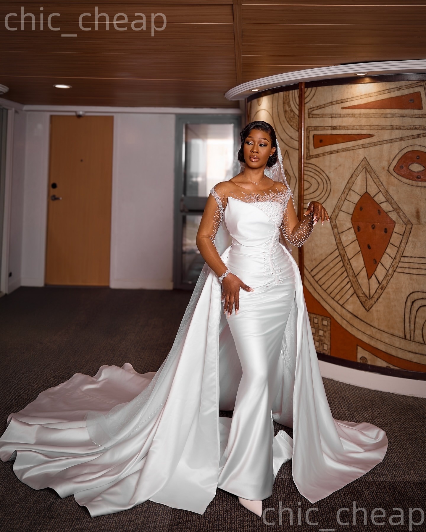 African Aso Ebi 2026 Ivory Mermaid Wedding Dress Beaded Pearls Sheer Neck Satin Detachable Train Full Sleeves Bridal Gowns Dresses ZJ236