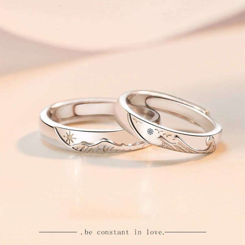2 Pieces Adjustable Matching She and Him Set Rings Mountain Sea Declaration Promise Ring Valentine's Day Gift W260206