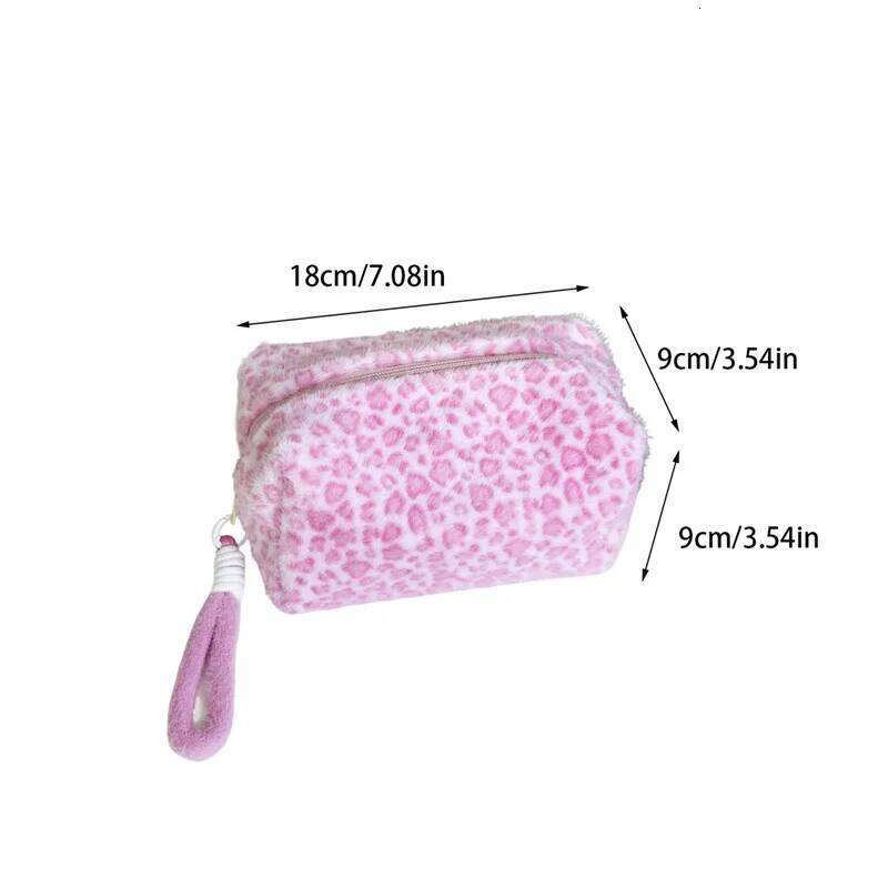 Fuzzy Plush Leopard Print Makeup Bag Large Capacity Pink Cosmetic Case Zipper Tote Toiletry Organizer Pouch for Women Girls Y260206