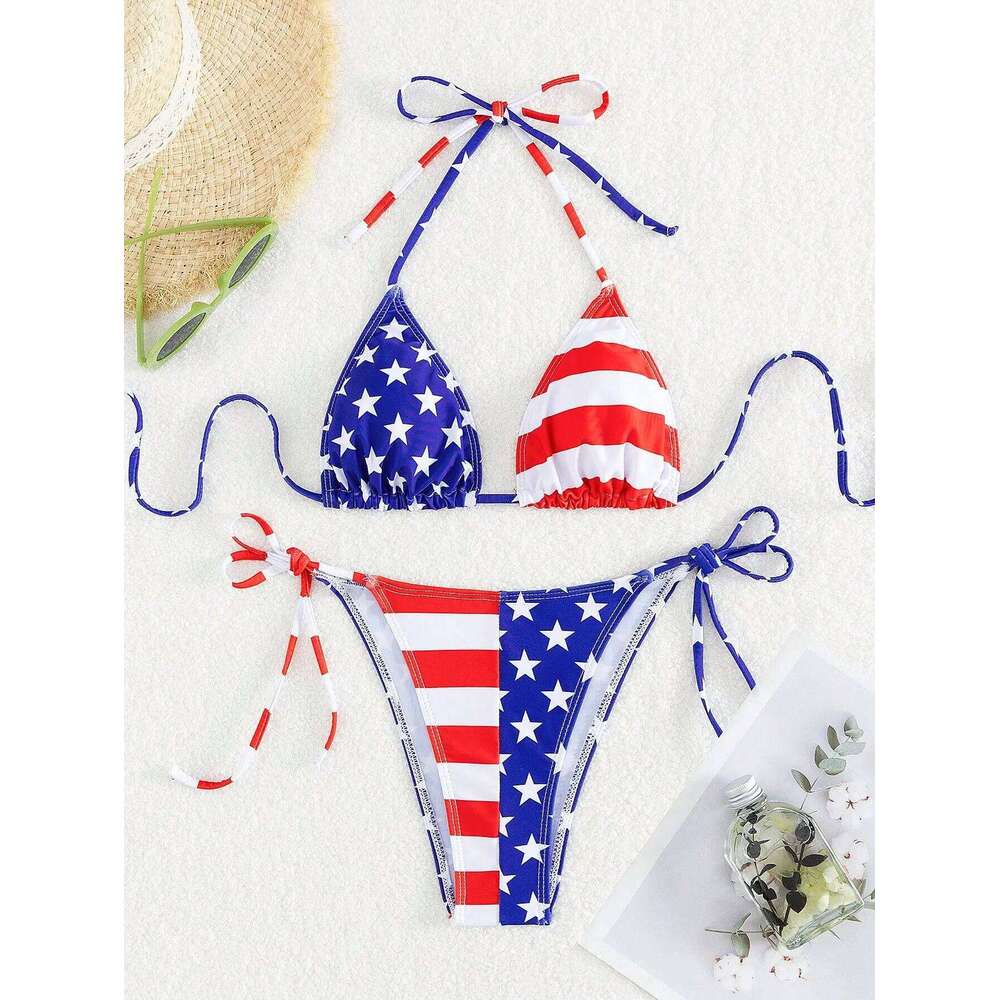 American Flag Print Micro Bikini Set Adjustable Patriotic Tie-Front Halter Two-Piece Swimsuit Summer Women Sexy Swimming Clothes Z260206
