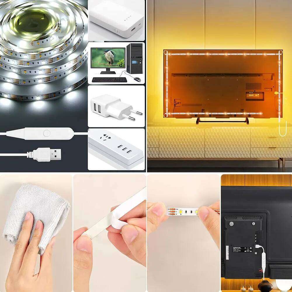 Warm White 5V USB Charing Led Strip Lights Smart TV Backlight For Gaming Decoration Home Bedroom Room Lighting Lamp Z260206