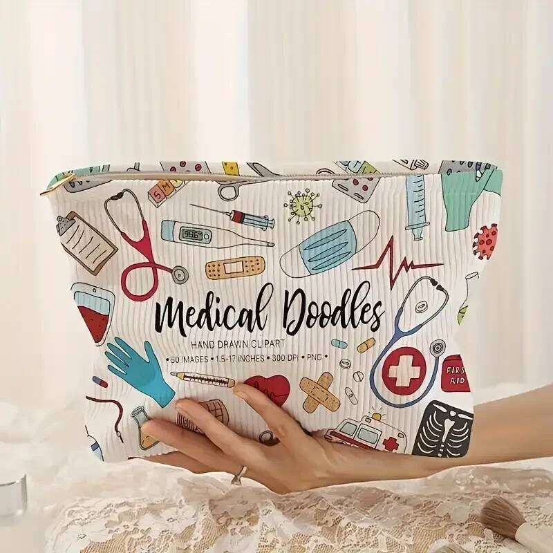 Medical Graffiti Printed Corduroy Bag, Lightweight Zipper Makeup Storage Box, Multi functional Bag with Lining Y260206