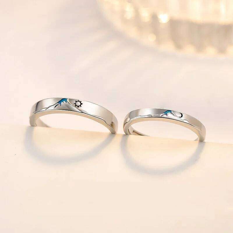 Romantic Sun Moon Couples Blue Sea Enamel Women Men Lovers Rings Sweet Open Adjustable Anniversary Valentine's Day Jewelry W260206