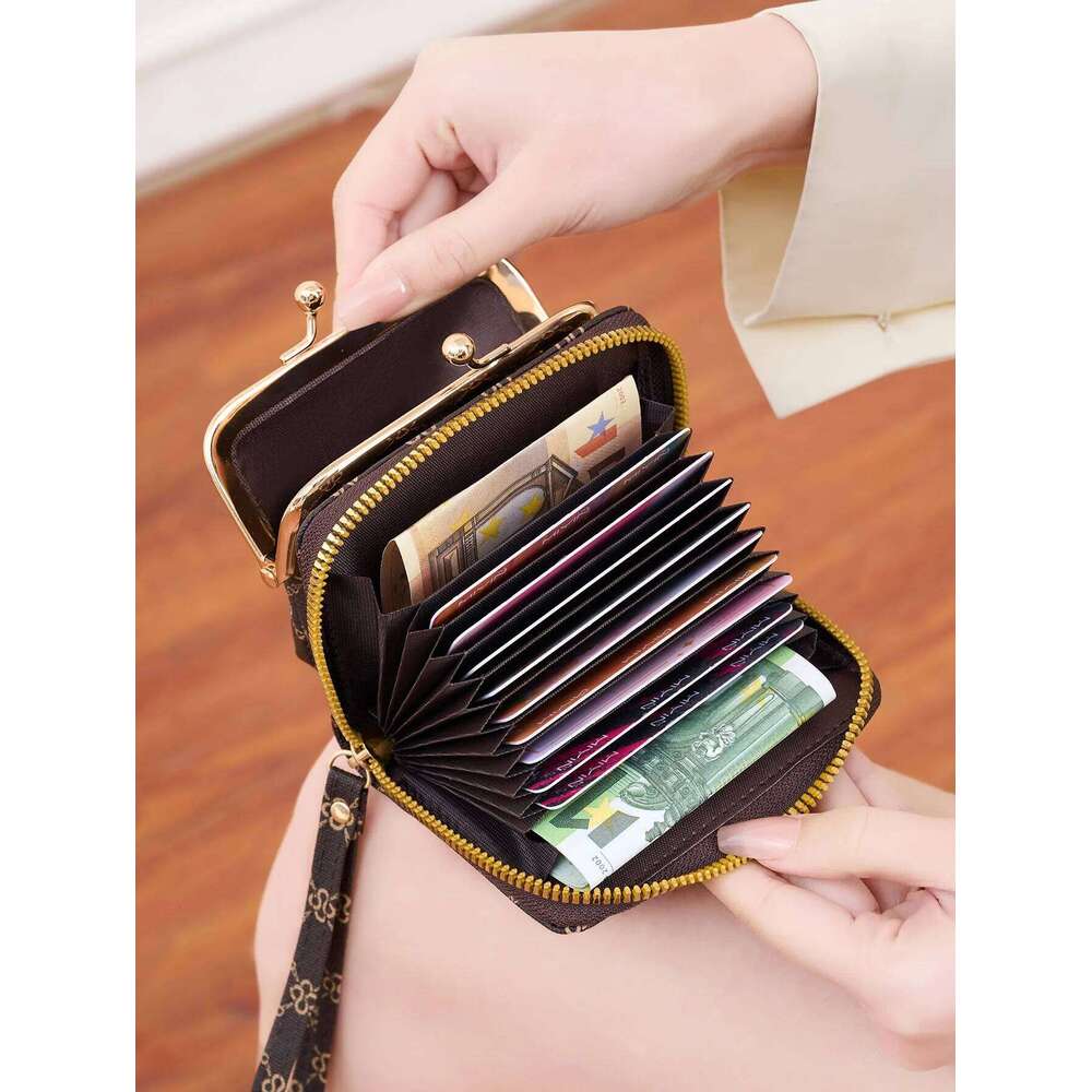 Women's Wallet Fashion Print Short Coin Purse Retro Multi-function Accordion Card Holder Money Clip with Wristband and Kiss Lock Y260206