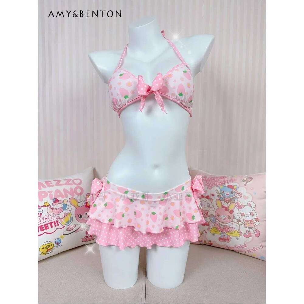 Kawaii Cartoon Strawberry Print Two-Piece Skirt Swimsuit Cute Princess Style Beach Swimwear Sweet Girl Sexy Bikini Set XJ260206