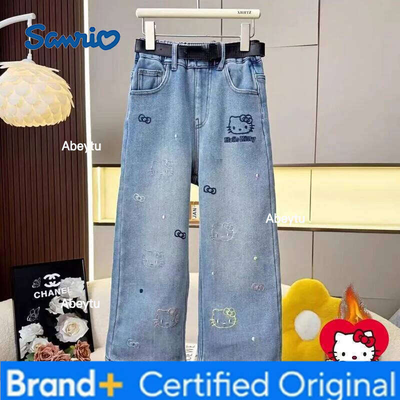 Sanrio Hello Kitty Jeans Girl Kids Kawaii Casual Fashion Cute Warm Autumn and Winter Student Loose Pants Children's Clothing H260206