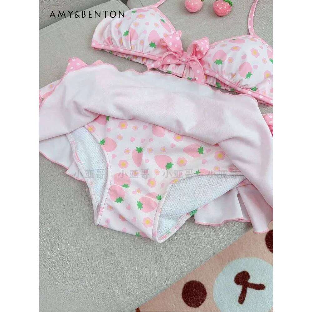 Kawaii Cartoon Strawberry Print Two-Piece Skirt Swimsuit Cute Princess Style Beach Swimwear Sweet Girl Sexy Bikini Set XJ260206