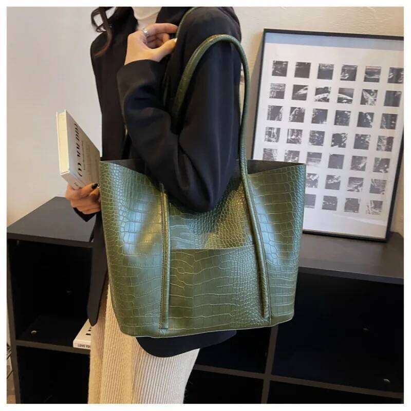 Crocodile Pattern Women Set 2-IN-1 Large Capacity Shopping Totes Shoulder Bags with Pure Color Soft PU Leather Big Tote Bag Y260205
