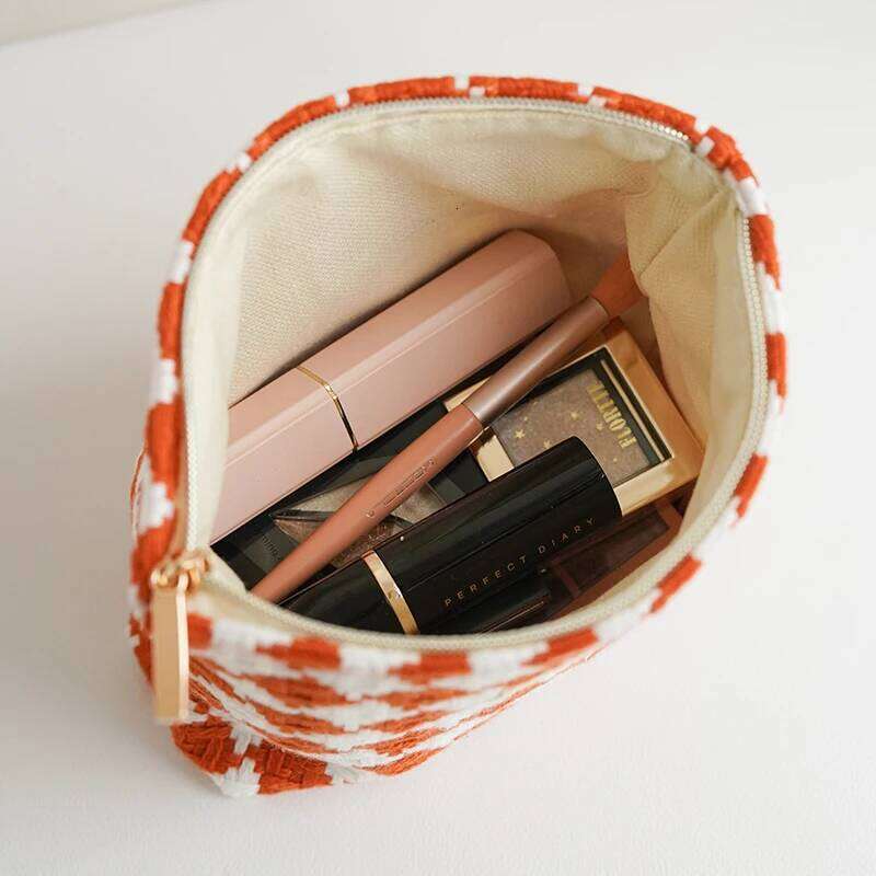 DJDF Orange Plaid Women's Cosmetic Small Double Canvas Portable Zipper Lipstick Storage Bag Commuter Coin Purse Card Holder Y260206
