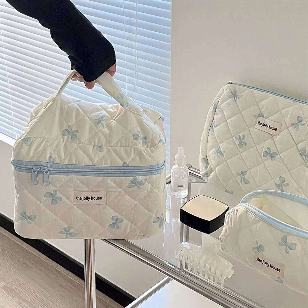 Cute Bow Toiletry with Zipper Makeup Storage Bag Cotton Quilted Cosmetic Organizer Case for Women and Girls Y260206