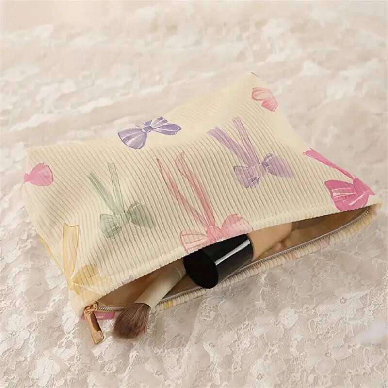 Large Bow Printed Corduroy Korean Women Zipper Makeup Storage Box Multifunctional Travel Cosmetic Organizer Bag Y260206