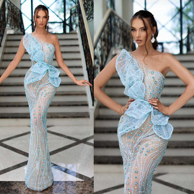 Elegant One Shoulder Crystal Evening Dresses Illusion Crystal Lace Mermaid Prom Dress Customized Floor Length Party Gown