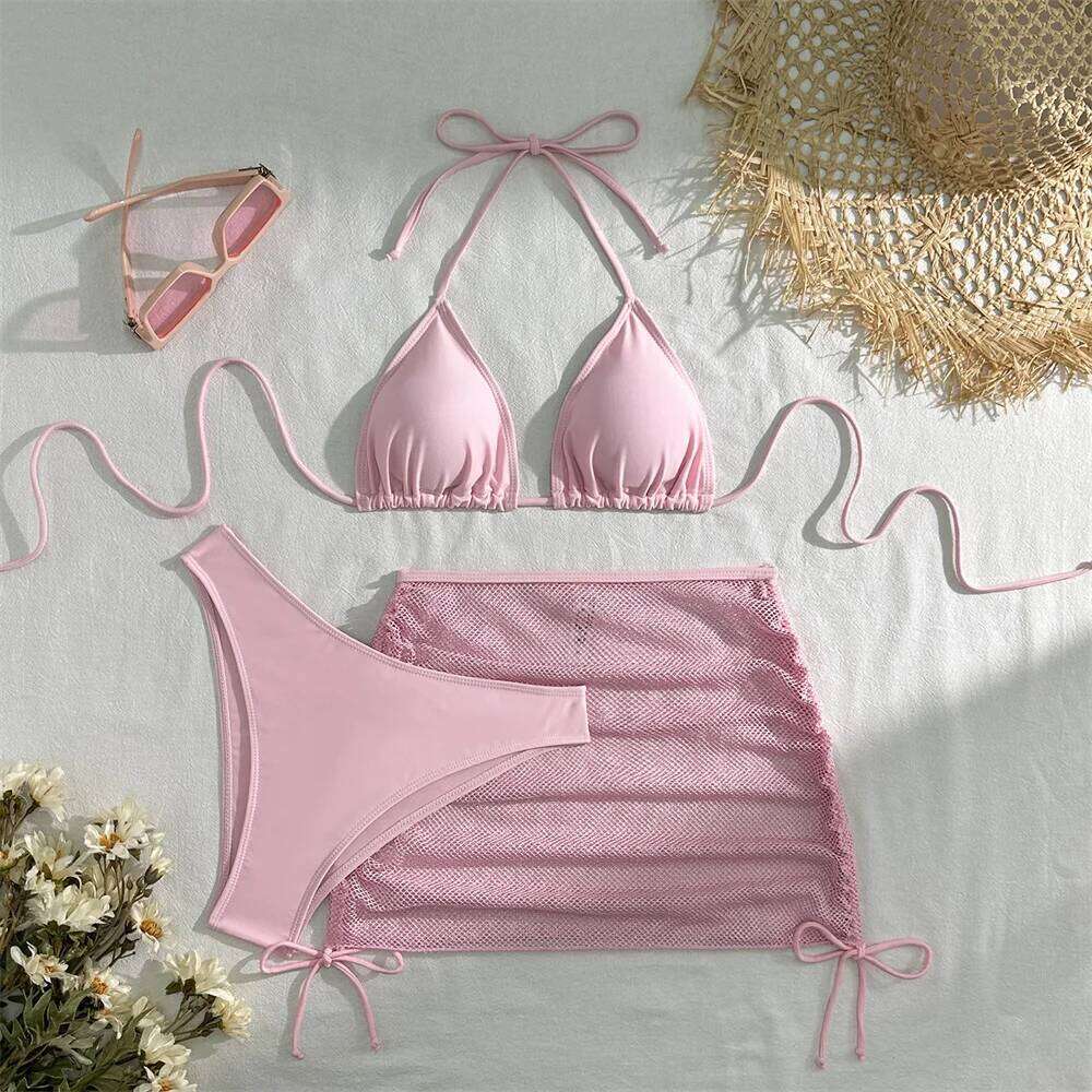 Sexy Pink Bikini Extrem String Backless Swimwear Mesh Skirt Women Push Up Swimsuit Black Y2K Thong Bikinis Beach Vacation Outfit Z260206