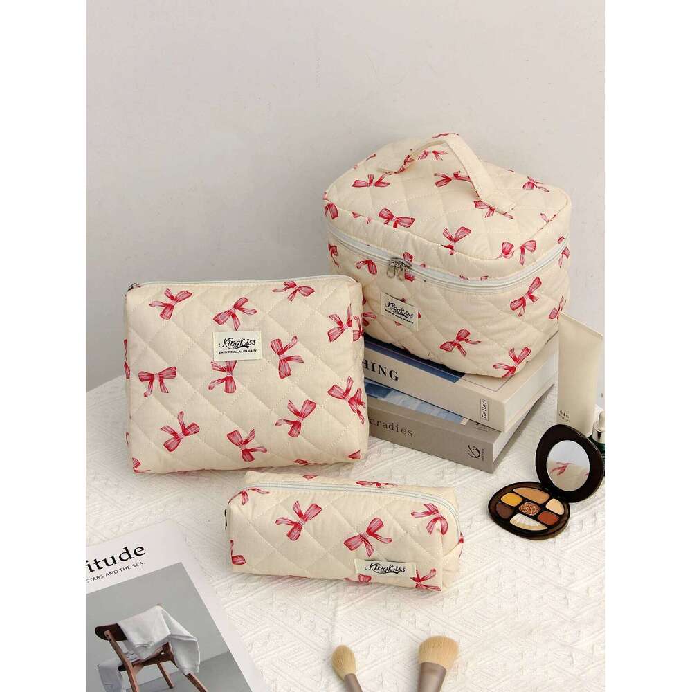 1pc/set Quilted Bathroom Storage Travel Essential Bag, Cute Bow Makeup Bag Y260206