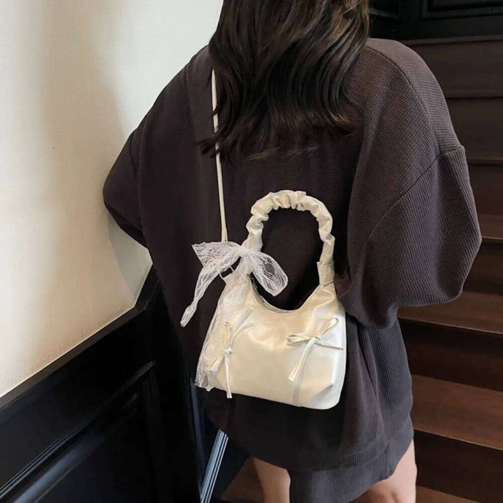 All-match Cloud Evening Handbag Pleated Beige Bow PU Shoulder Korean Style Lace Ribbon Underarm Bag Work Y260205