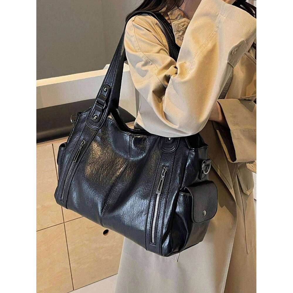 Retro Large Capacity Waterproof Business PU Tote Multi-Pocket Design Shoulder Bag, Multifunctional Travel Crossbody Bag Y260205