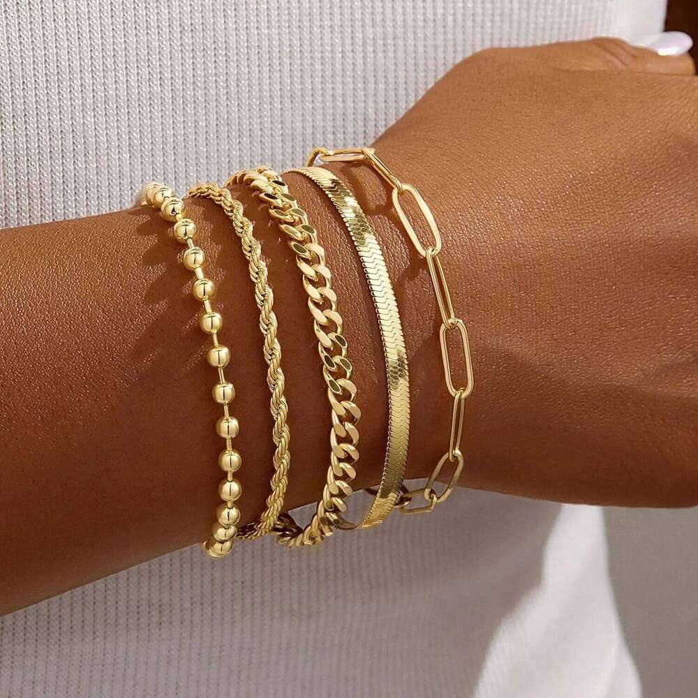 Set Gold Bracelets Stack With Beaded, Cuban, Paperclip, Snake, Rope Gifts for Women 26H0206