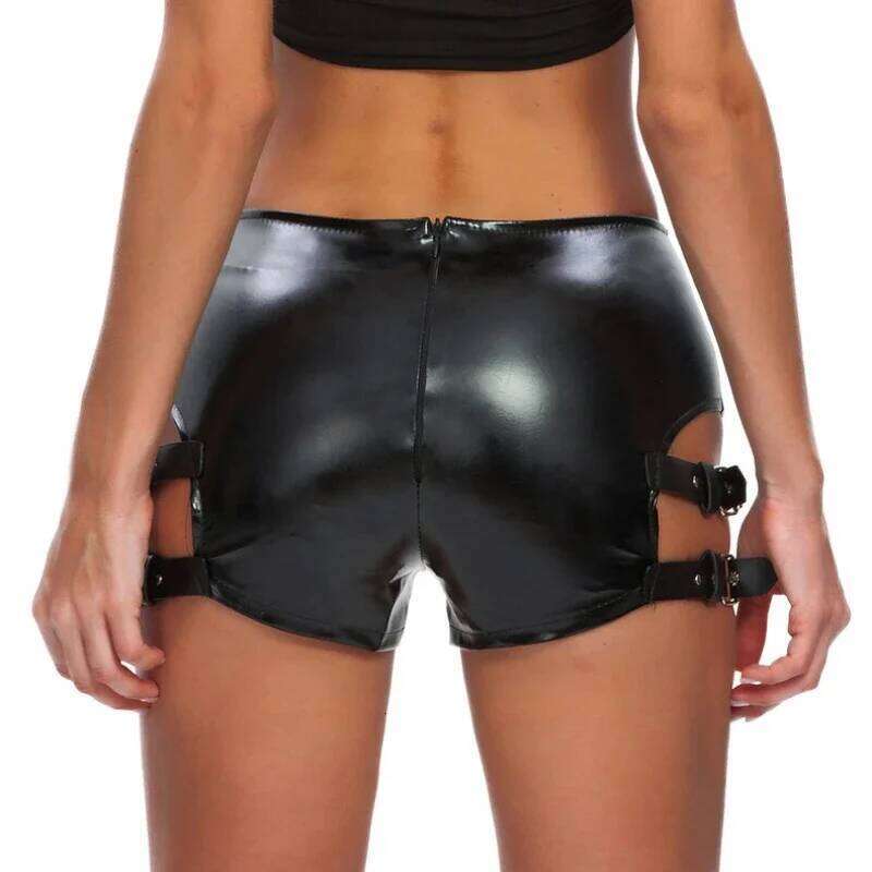 Tight Women Fashion Leather Elastic Hollow Out Shorts Sexy Club Nightclub Mini Trousers Streetwear Y2K 2025 Summer New C260206