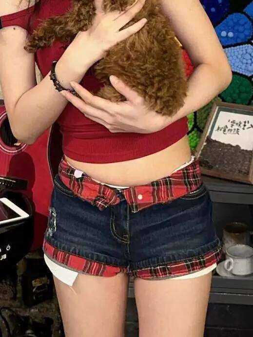 Y2k Women Vintage Splicing Plaid Denim Shorts Summer Low Waist Curling Design Jeans Hot Pants H260206