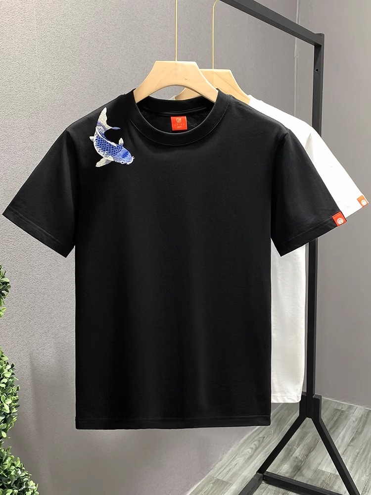 2026 New Chinese style Embroidered Short Sleeve Summer Men's Trendy Round Neck T-shirt Black and White Free Shipping Hot Sale